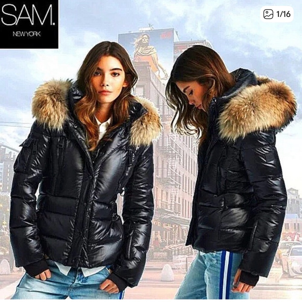 SAM. Black Shiny Blake‎ Down Puffer Racoon Tan Fur Hood Thumb Hole Cuff XS